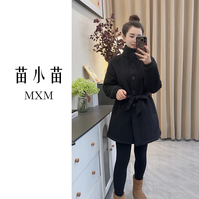 苗小苗立领中长款袍女气质冬季三层加厚加绒可外穿家居服中款裙袍