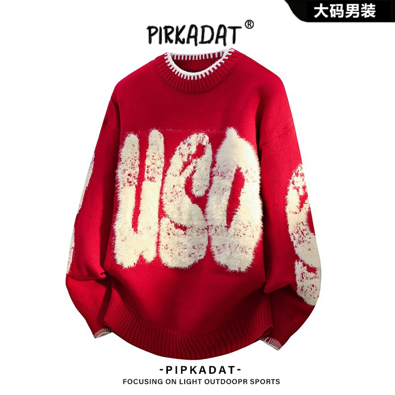 Pirkadat美式慵懒风圆领毛衣男秋季潮牌情侣同款针织衫复古套头衫