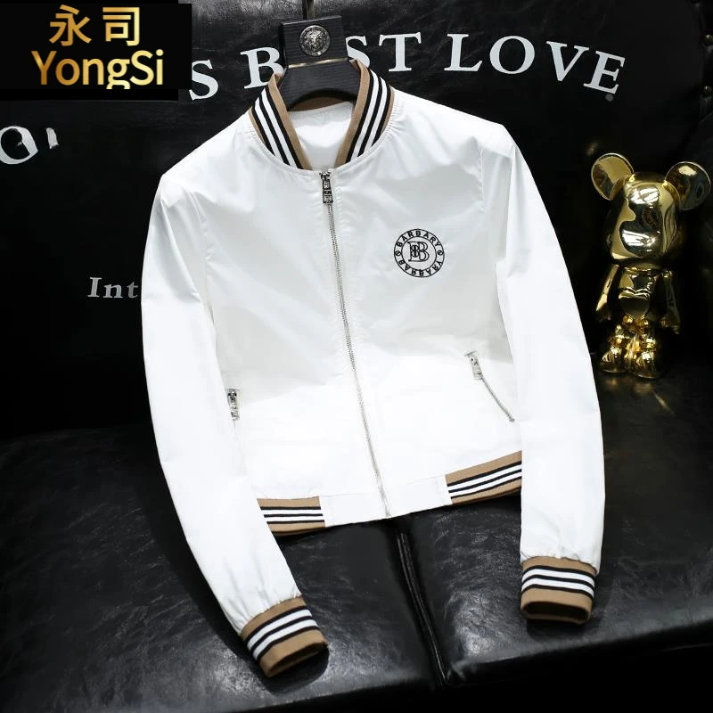 白色夹克男士青年修身棒球领条纹外套休闲男装春秋新款欧洲站外衣