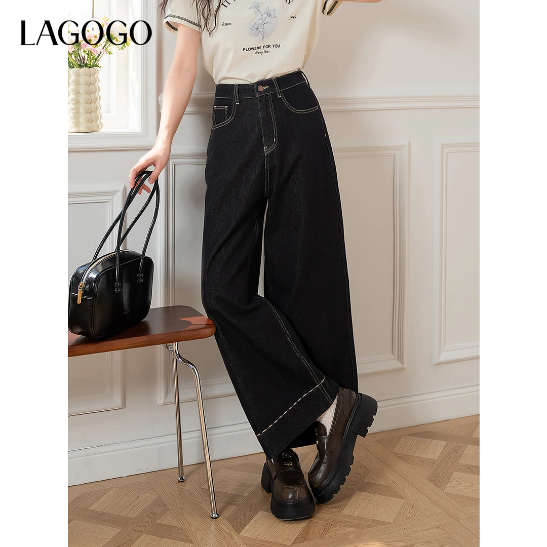 【黛一一专属】lagogo新款防褪色高腰阔腿显瘦牛仔裤女OANN531G03