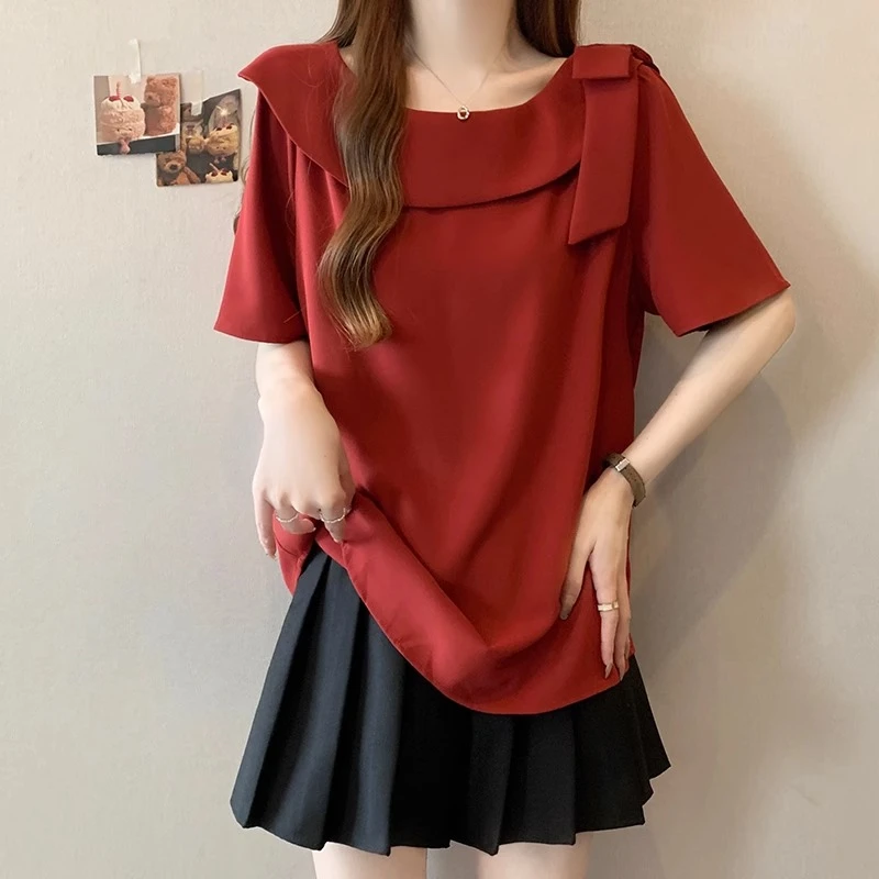 独特别致超好看红色正肩短袖衬衫女夏大码胖mm显瘦蝴蝶结小衫上衣