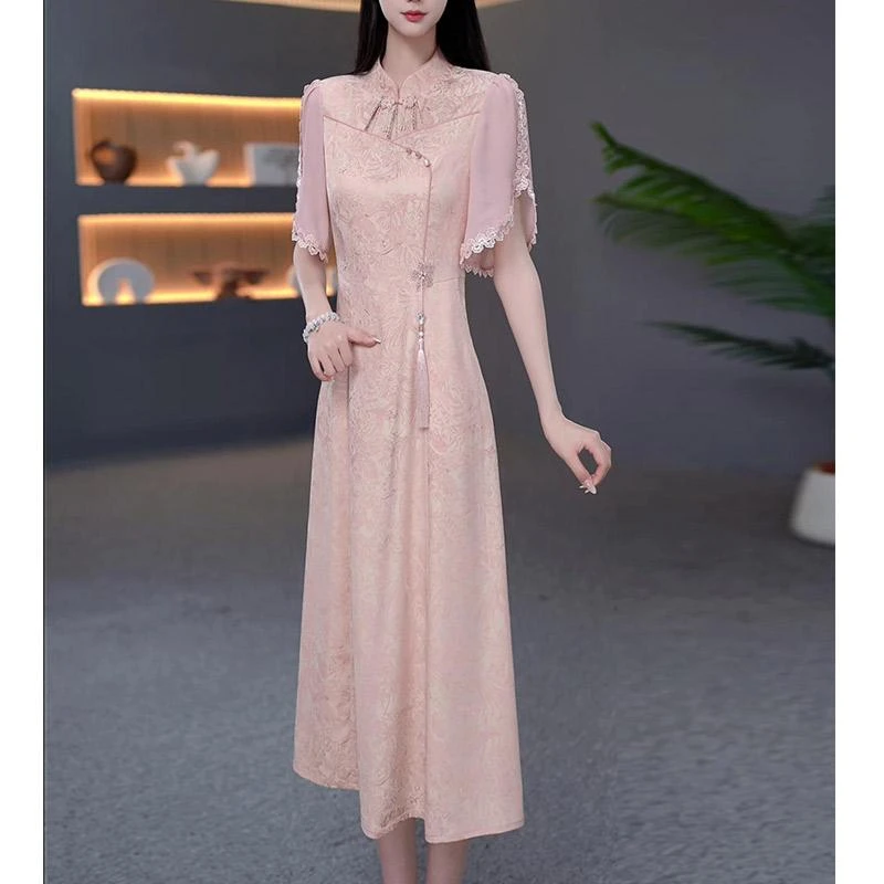 DBF-25A292 新中式温柔气质减龄蕾丝镂空仙气改良旗袍裙 M-5XL