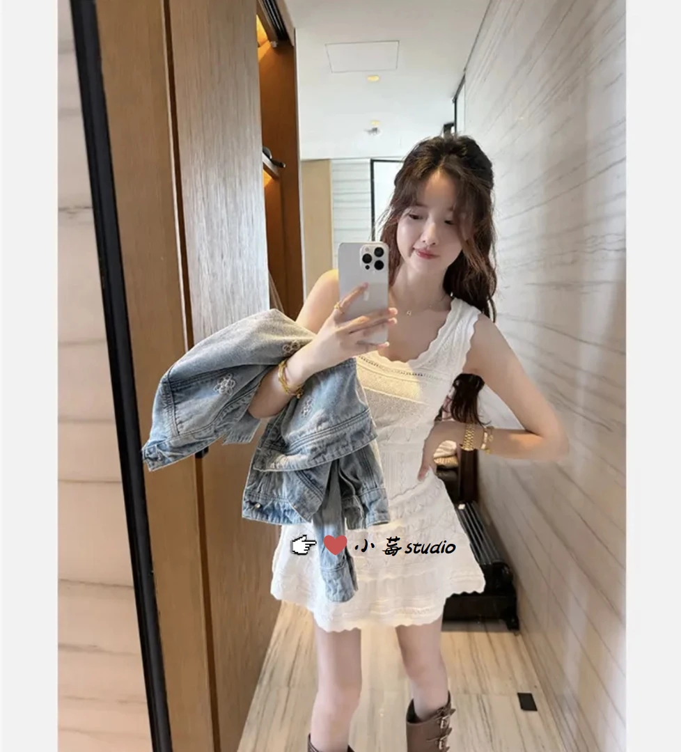 【春日圆舞曲】小个子夏季镂空针织背心连衣裙女显瘦白月光初恋短裙