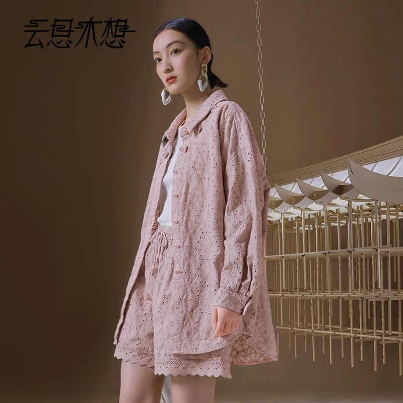 Ysimo-X云思木想 木棉花开 手工钉花弧形衣摆优雅长袖衬衫12939