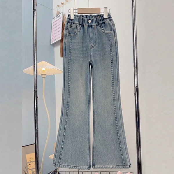 女童加绒牛仔裤中大童春秋百搭直筒裤显瘦喇叭裤女童牛仔裤子秋季