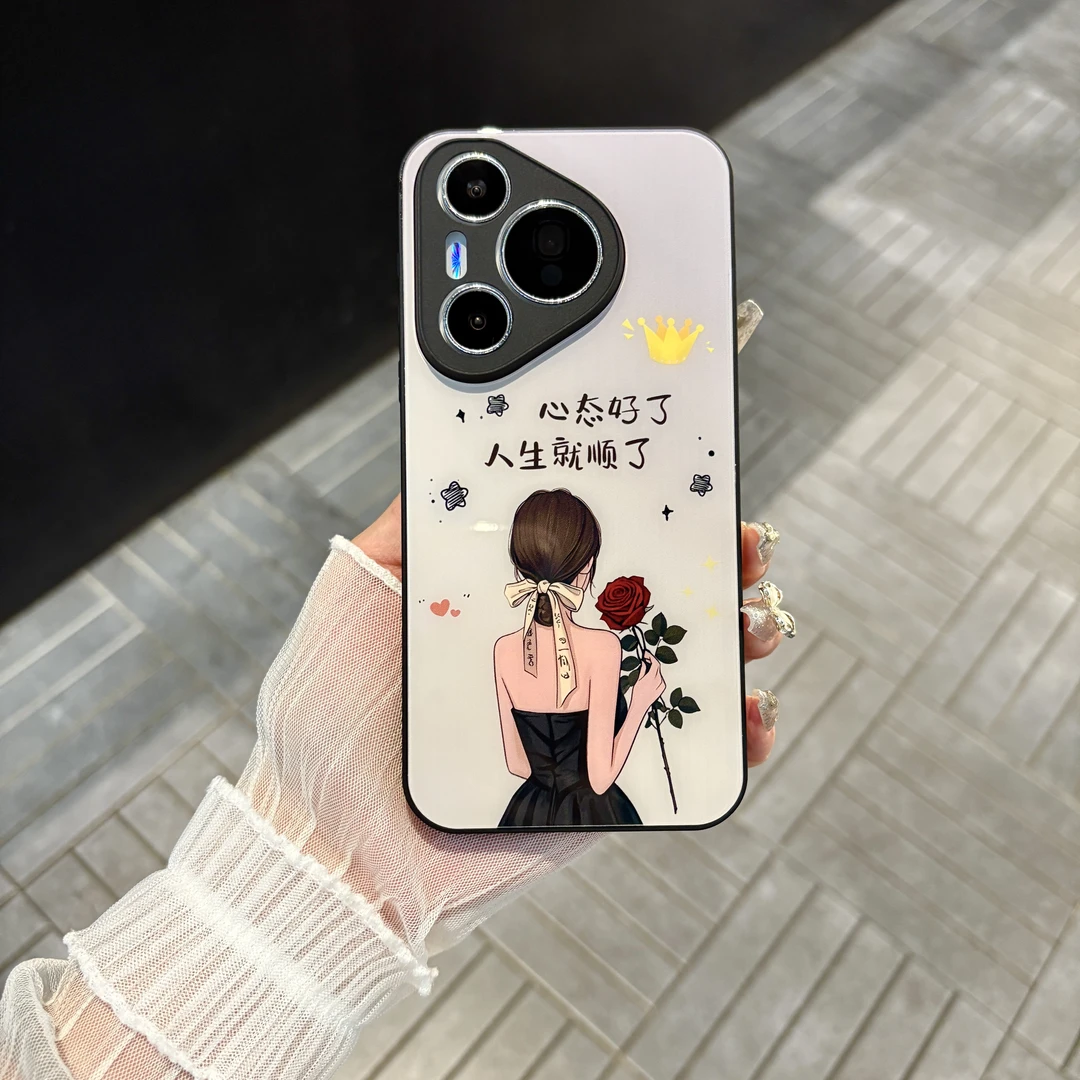苹果/华为/oppo/vivo/小米 玫瑰花女孩适用pura70肤感玻璃手机壳