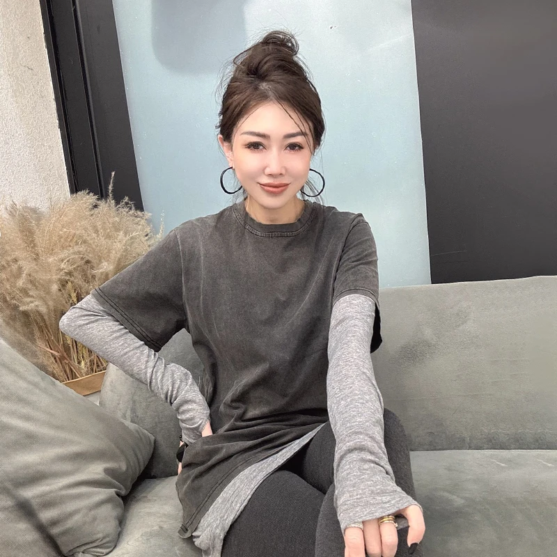 欧洲站2025早秋新款撞色水洗两件套T恤裙女百搭洋气中长款打底衫