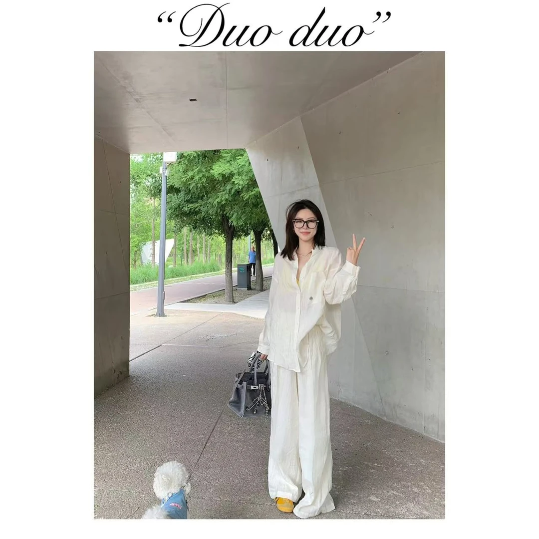 慵懒老钱风 - 韩国单休闲百搭慵懒松弛感宽松长袖衬衫阔腿裤套装