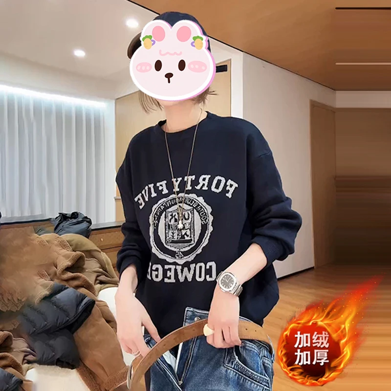 2025冬季新款美式复古圆领卫衣女设计感字母印花加绒保暖长袖上衣