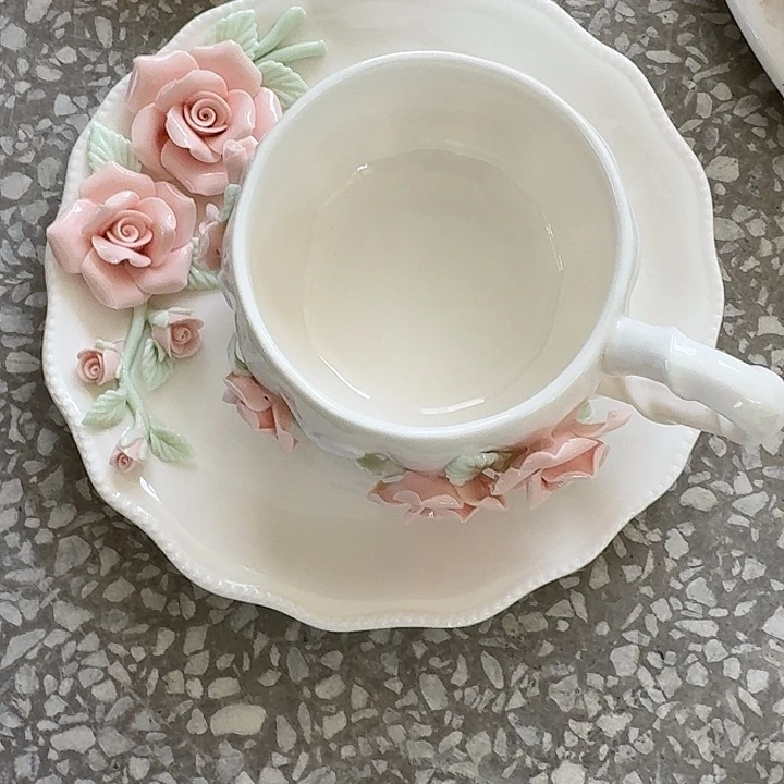 娜***娜粉色手捏花南瓜咖啡杯碟