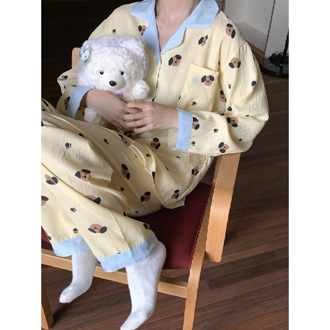 2025秋季新款睡衣女长袖长裤可爱小狗家居服套装休闲舒适可外穿