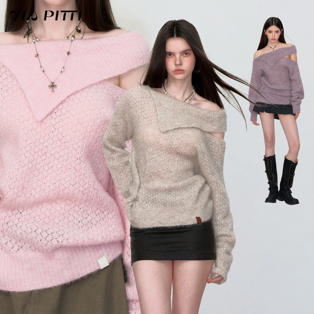 ViaPitti【官方专属】重磅一字肩设计感镂空羊驼毛亲肤毛衣VIAAK876