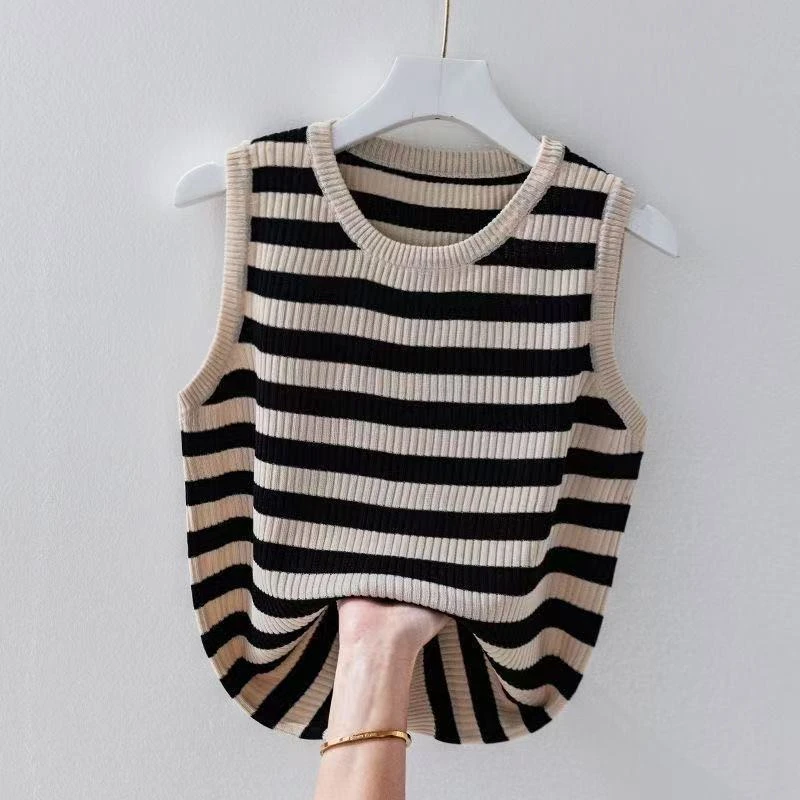 夏季新款无袖针织冰丝宽松条纹打底背心圆领外穿西装内搭显瘦洋气