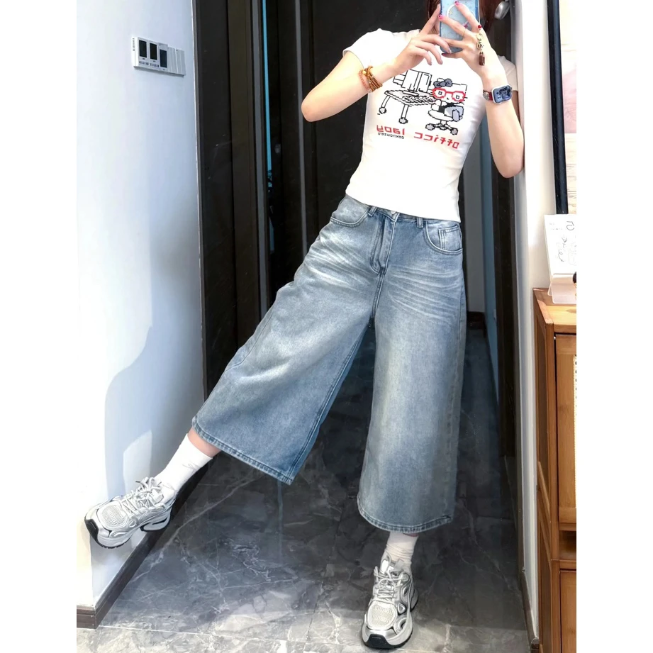 大码直筒高腰七分牛仔裤女夏季新款显瘦设计复古百搭休闲阔腿中裤