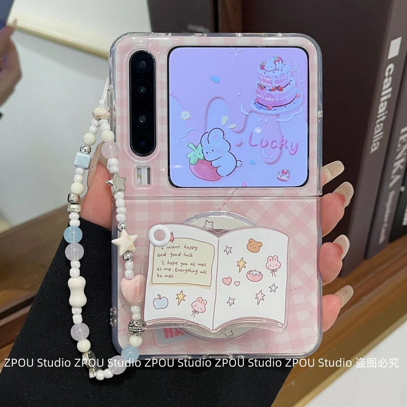 适用华为PuraX典藏版折叠屏pocket2新款双层imd粉色格纹可爱卡通