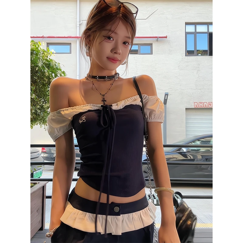 2025新款女士夏季韩系露肩高级感斜肩短袖T恤上衣高腰宽松阔腿裤