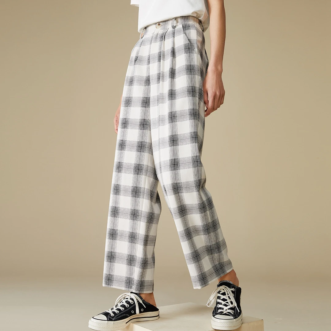 INS风韩版高腰印染格子休闲裤外穿阔腿裤傣族风2025夏季女童女士
