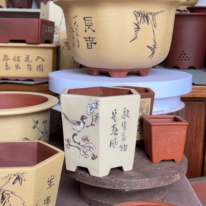 紫砂花盆仿古粉浆彩绘奎口盆