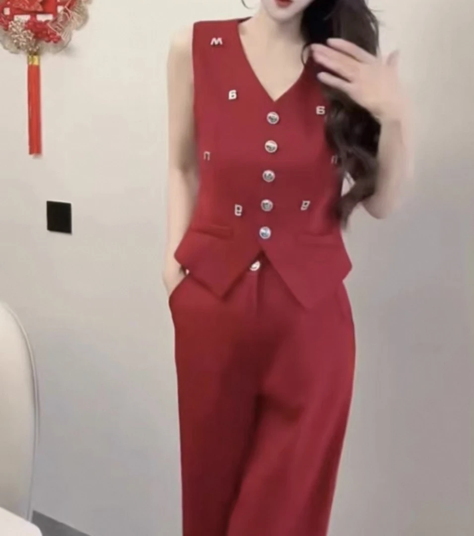 726/重工夏季新款V领单排扣马甲+休闲阔腿裤/欧盼全品