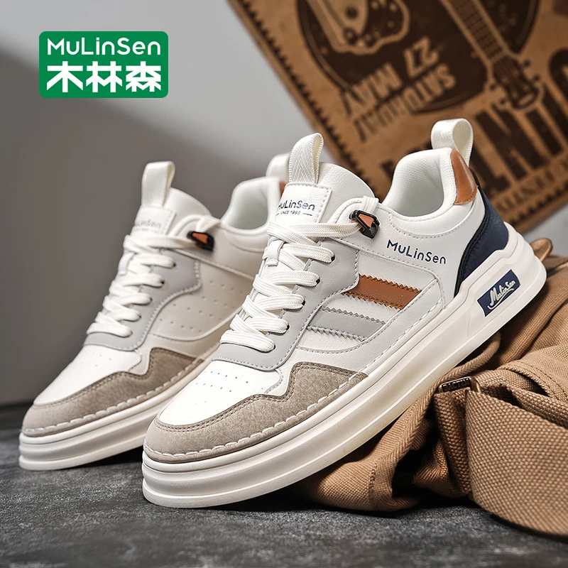 木林森休闲鞋男款2025新款百搭潮流皮面软底板鞋夏季运动小白潮鞋