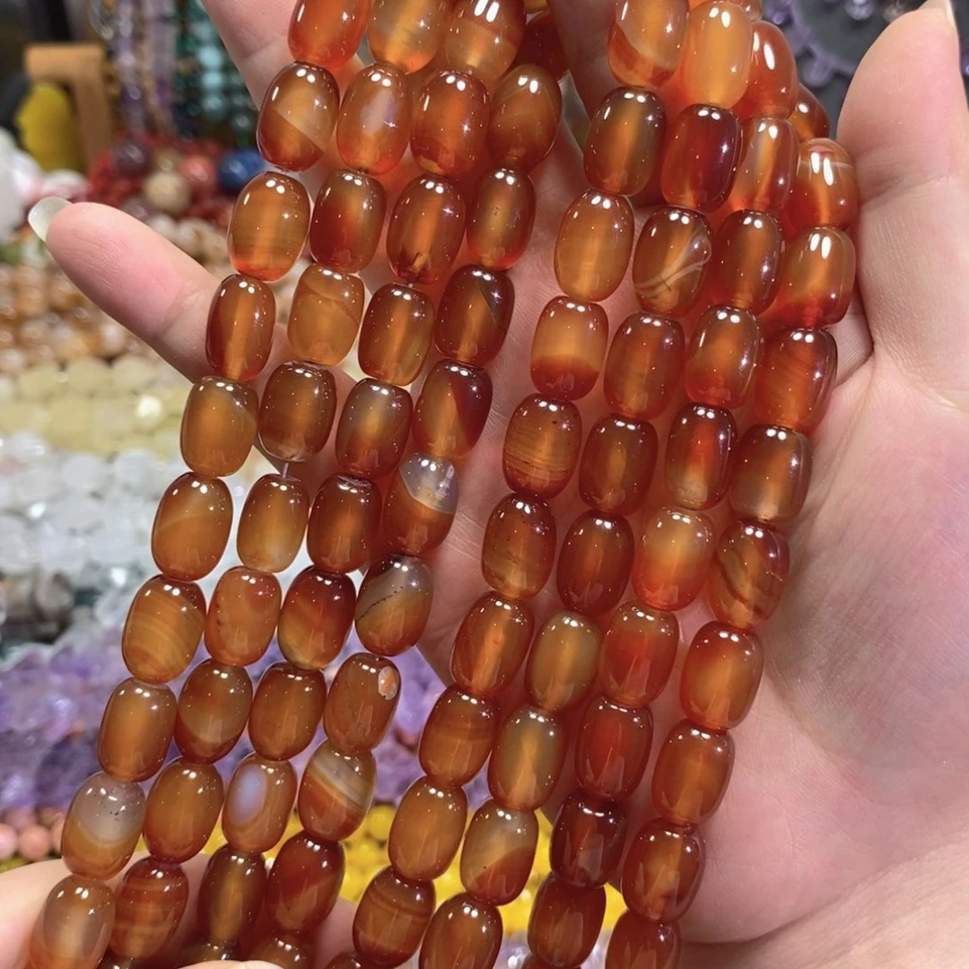 玛瑙/玉髓未镶嵌珠宝半成品红玛瑙桶珠一条卡10*14mm