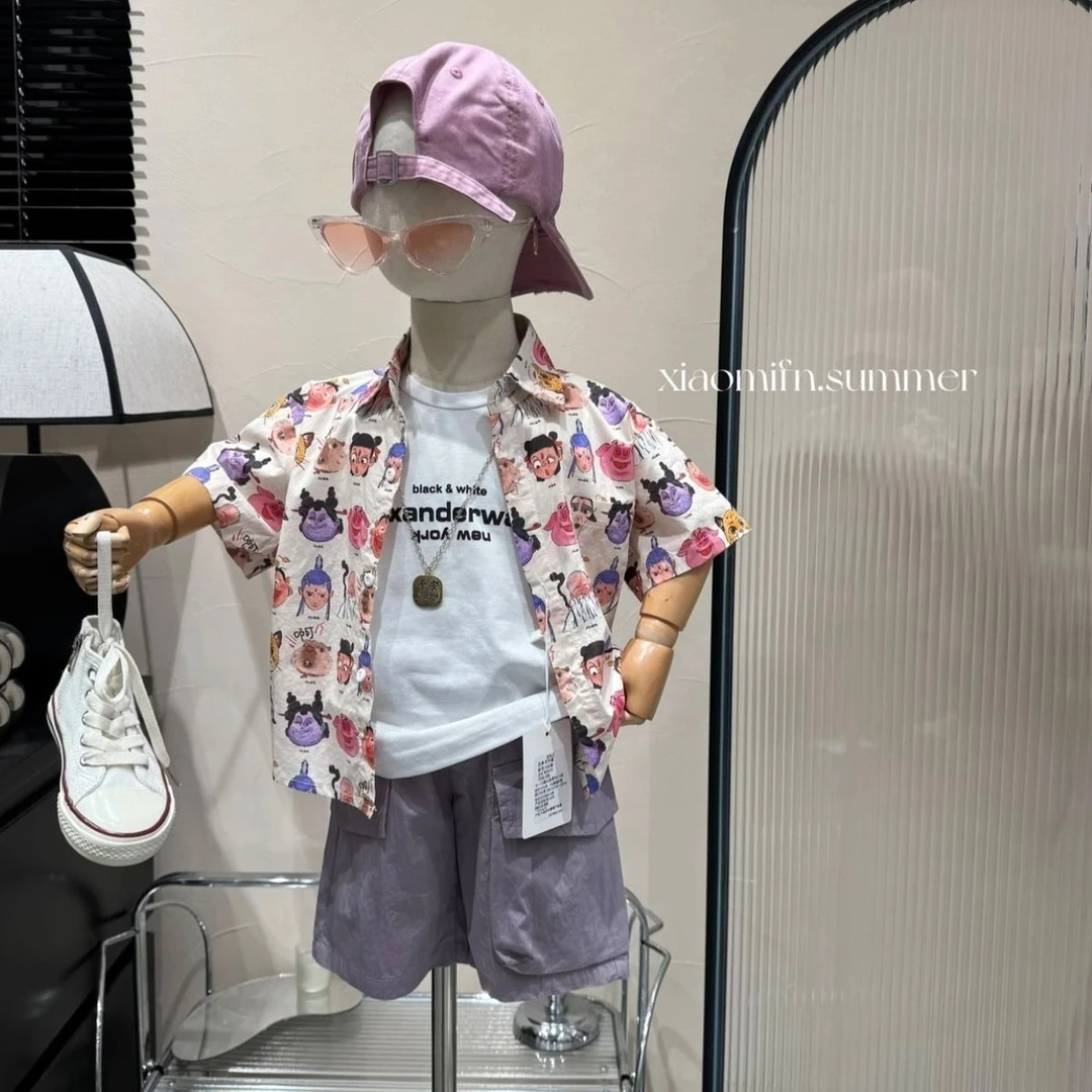 男童夏季粉色系棉衬衫动漫人物印花帅气潮流短裤短袖三件套 ZA