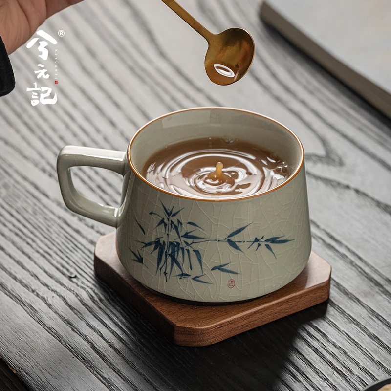 兮元记哥窑咖啡杯碟套装高档精致拿铁杯手绘青竹马克杯子下午茶杯