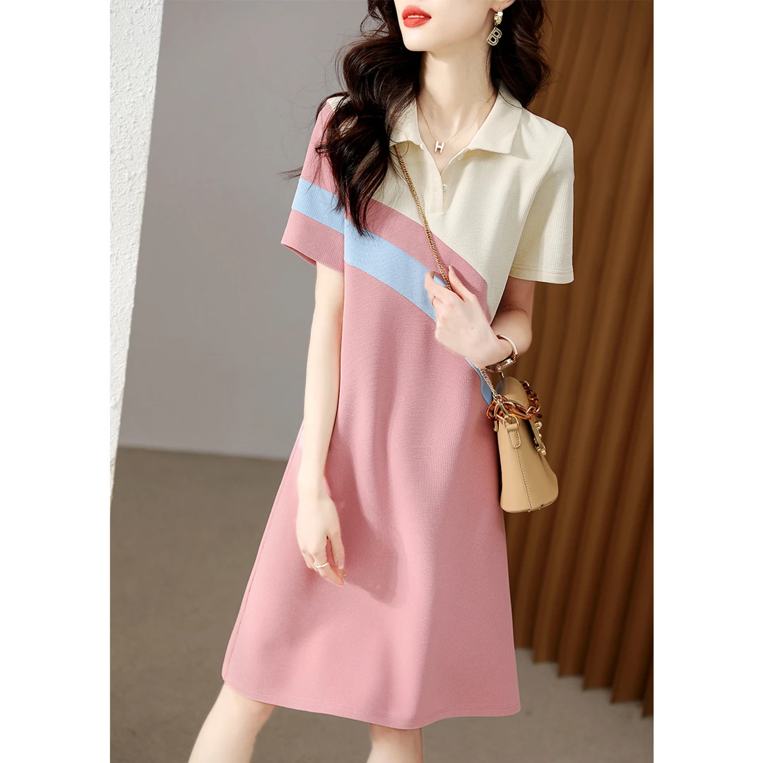 现货通勤简约A字裙夏季撞色甜美商务通勤高级感清爽优雅连衣裙