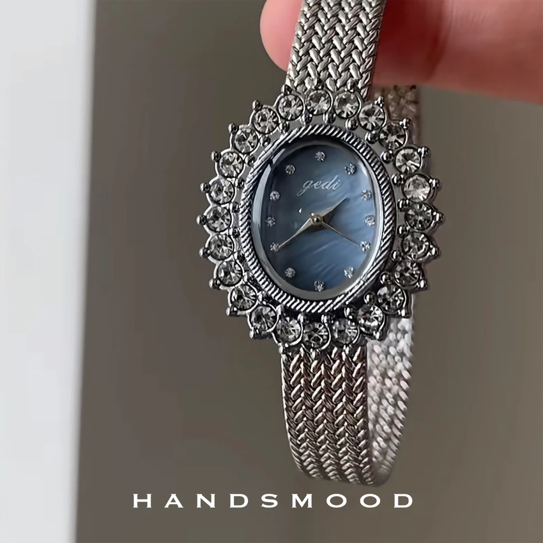handsmood 镶钻椭圆贝母面时尚精致高级感气质百搭女士手表