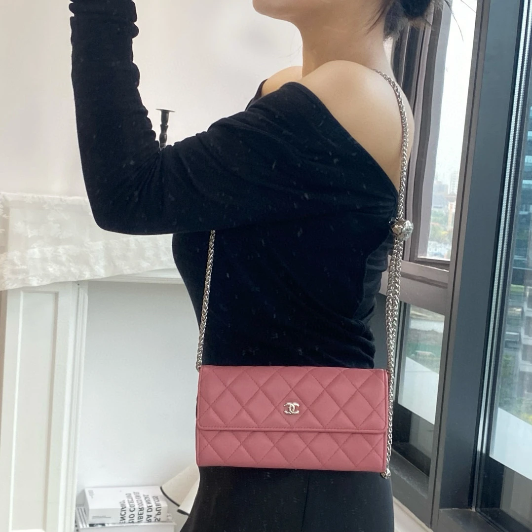 95新 Chanel/香奈儿 chanel樱花粉银扣菱格纹钱包