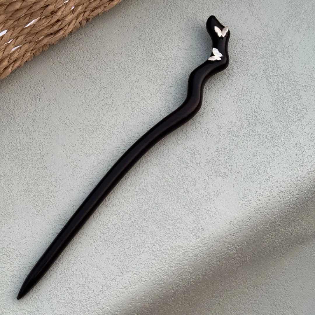18厘米新中式发簪古风汉服旗袍黑檀木盘发簪子银蝴蝶木簪气质女