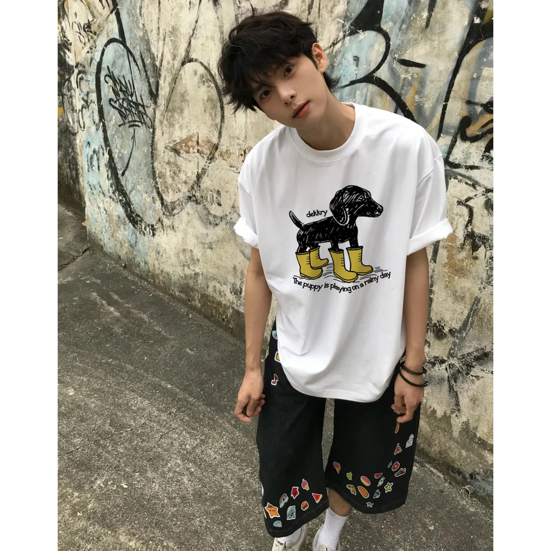 100%纯棉美式创意小狗字母印花短袖T恤男女夏季宽松休闲情侣上衣