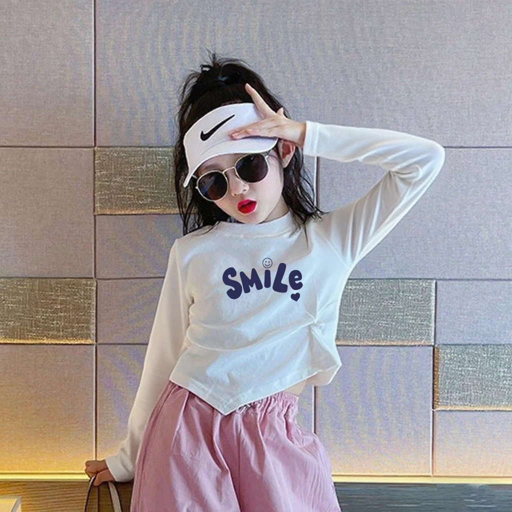 女童白色长袖T恤2025春秋新款儿童洋气女孩上衣中大童不规则打底