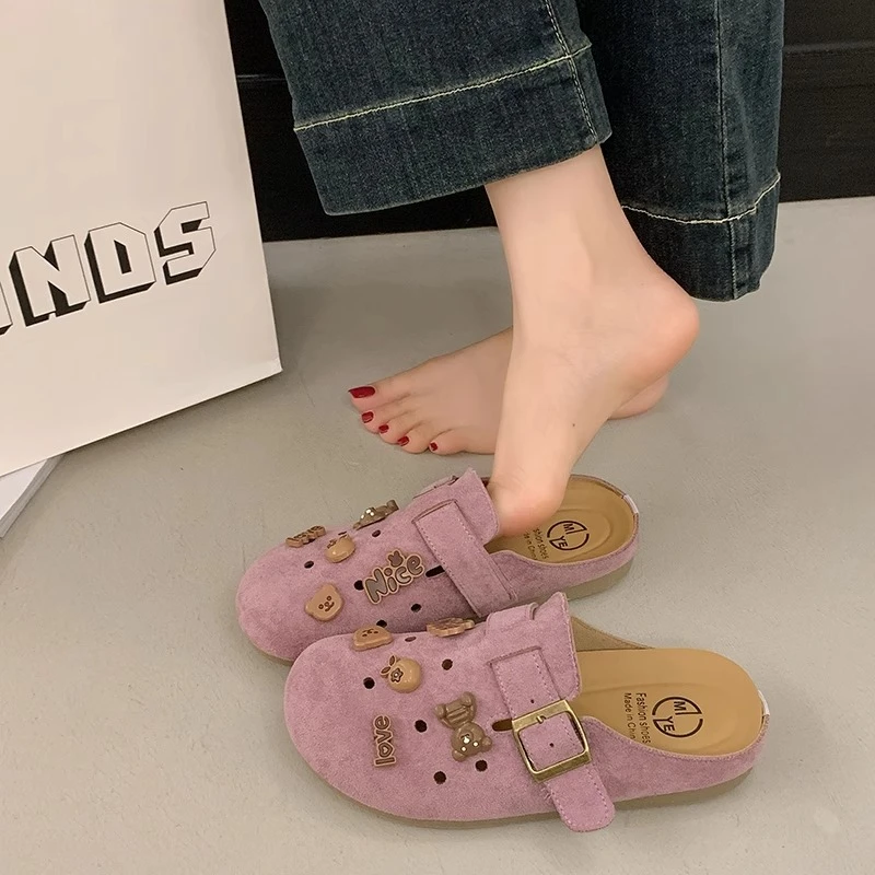 三福勃肯鞋复古搭扣包头半拖女外穿2025新款软底懒人鞋厚底包头拖