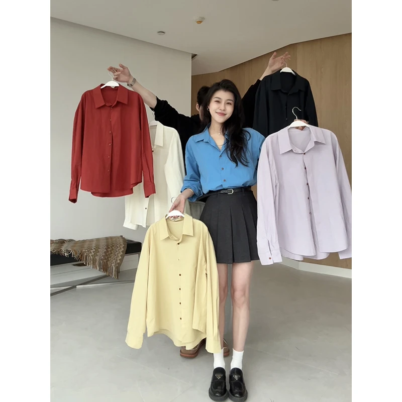【现货】张阿星明媚多色垂感简约百搭纯色宽松衬衫+高腰A字百褶裙
