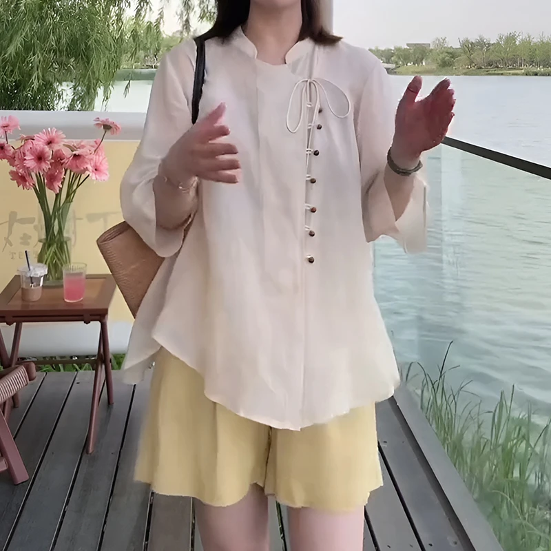 国风宽松复古高级感独特衬衫纯色短裤两件套女2025夏季禅意穿搭潮