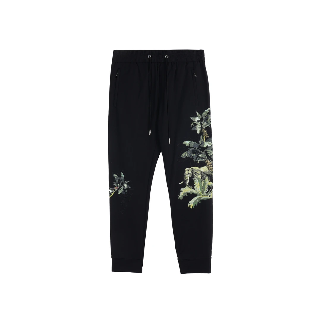 F&M春秋休闲时尚百搭黑色弹力压花束脚抽绳卫裤