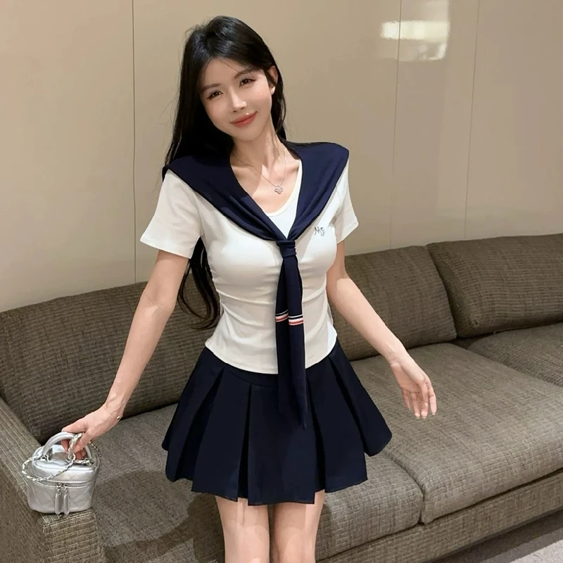 【冰川蓝调】辣妹基础修身t恤短袖两件套纯欲学院风设计感上衣内搭