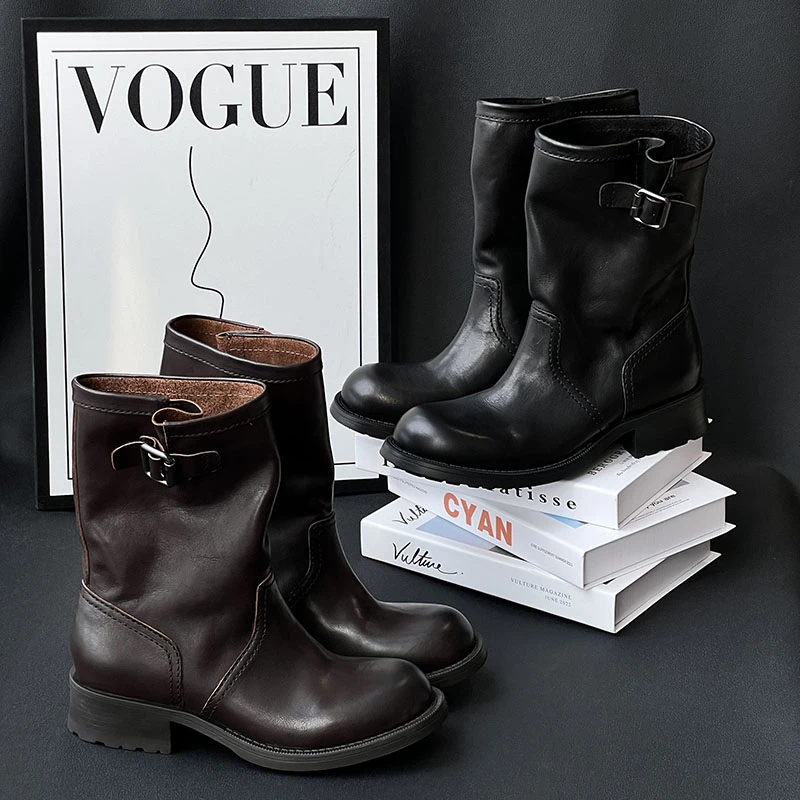 “潇洒”复古粗跟西部牛仔女真皮厚底扣带中筒骑士多巴胺百搭鞋子