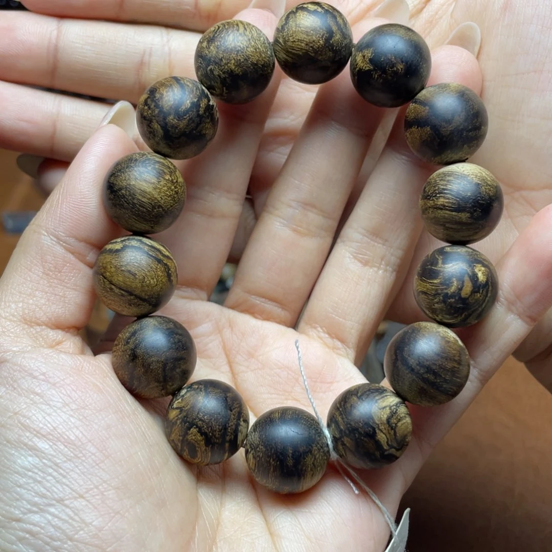 沉香手串t****o越南芽庄红土白奇楠1.6虎皮留疤圆珠沉水