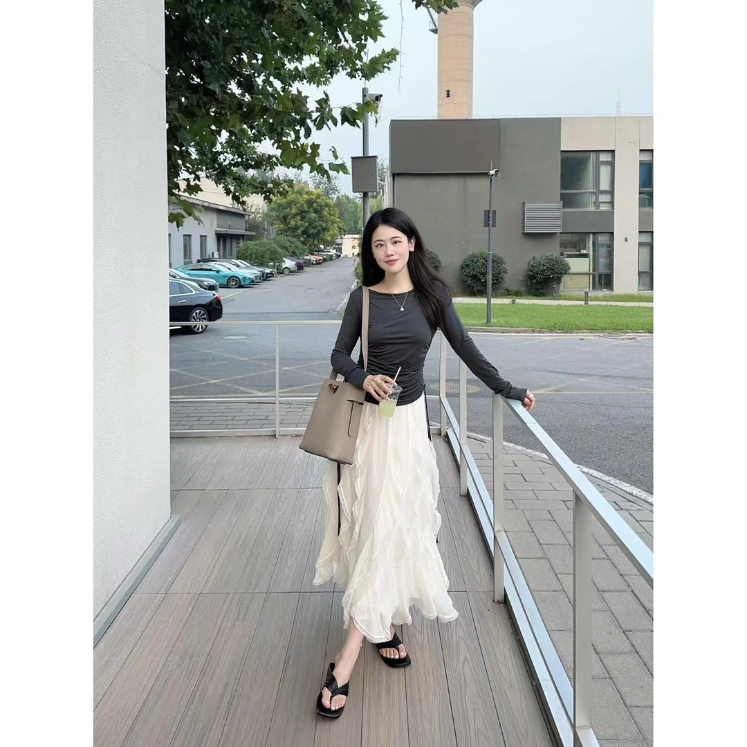 设计感灰色上衣秋装秋季别致松紧腰白色不规则半身裙套装女