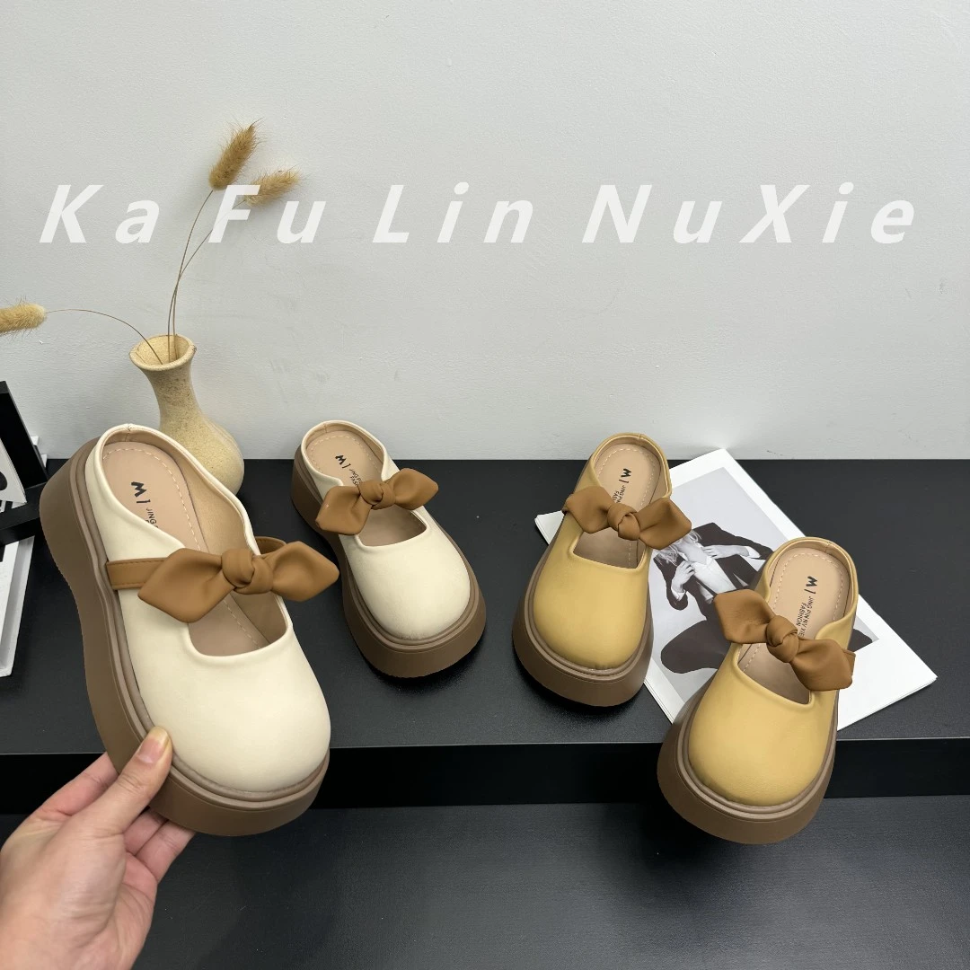 【卡芙琳shoes】新款法式蝴蝶结玛丽珍外穿时尚百搭厚底包头拖鞋女