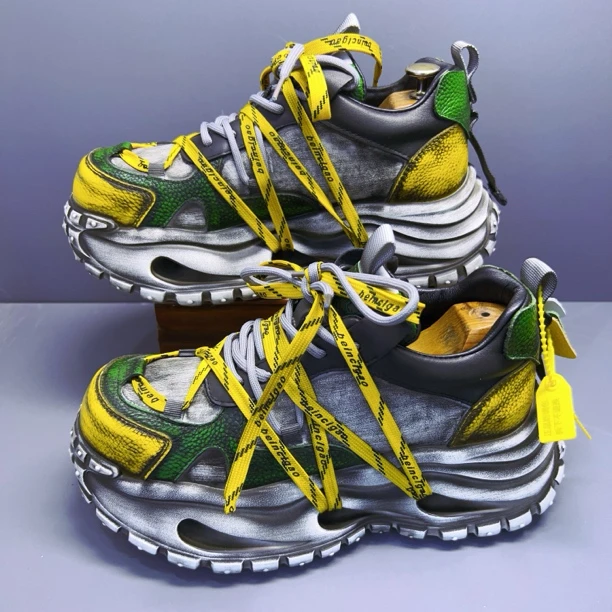 欧洲站2026春季时尚拼色松糕底老爹鞋擦色增高运动鞋头层牛皮男鞋