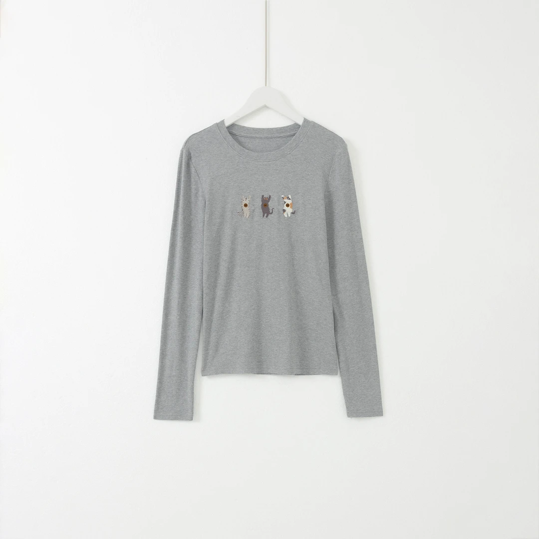 几里与麻 圆领猫咪刺绣长袖T恤 衣长56胸围82 2082348