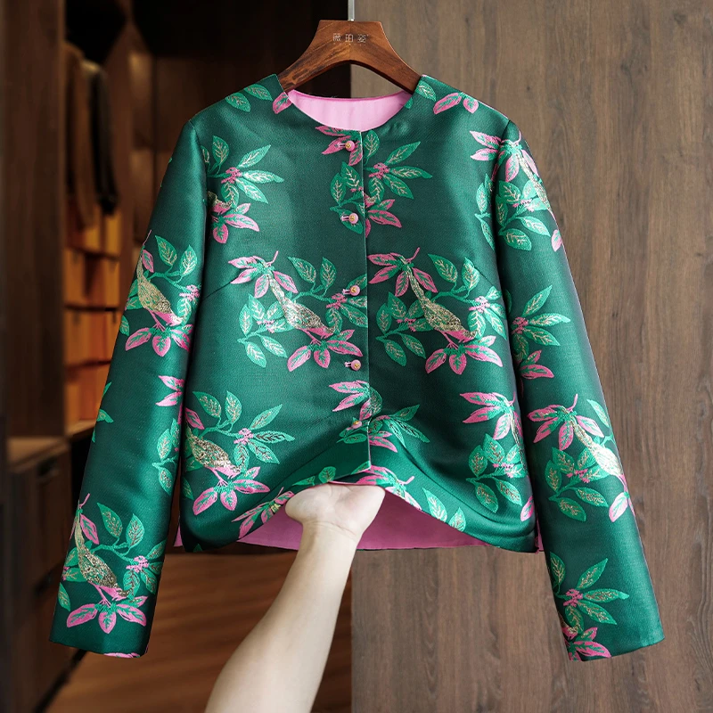 双面穿绿色提花新中式棉衣棉服女2024冬季款超好看洋气轻薄小棉袄