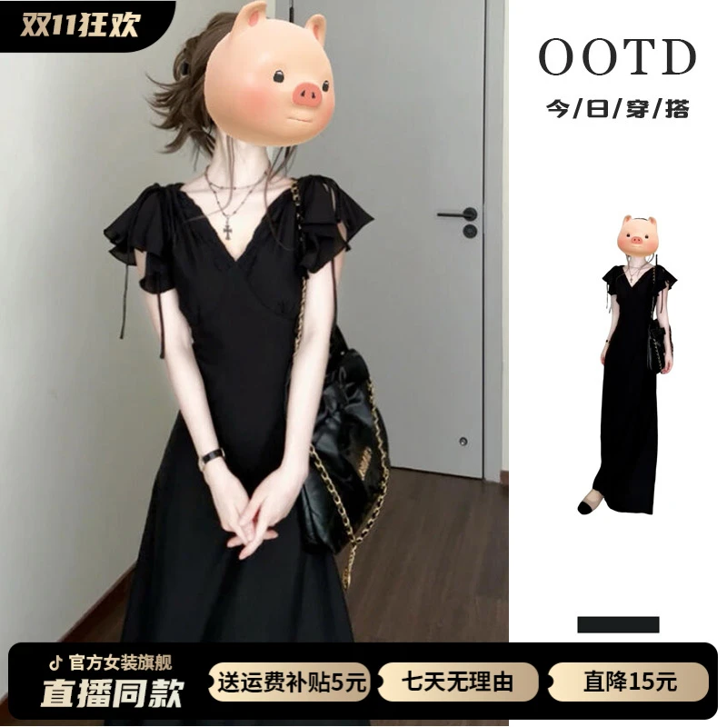赫本风法式黑色v领连衣裙子女装夏季2025新款爆款高级感气质长裙