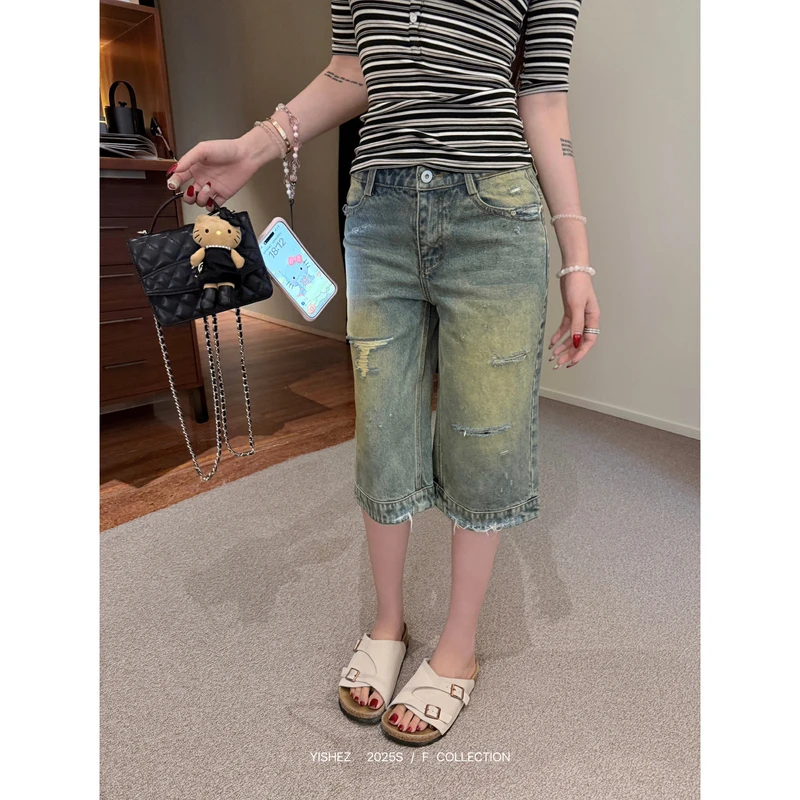 YISHEZ “时髦竞技场”复古破洞水洗牛仔中裤女夏季五分裤
