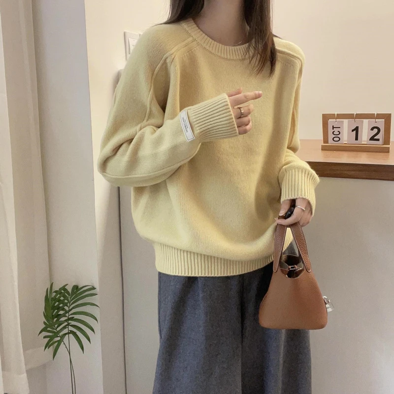 纯色女秋冬新款韩版慵懒风毛衣设计感小众贴布圆领套休闲针织衫