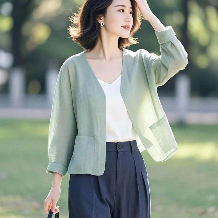 亚麻漂亮轻薄短春夏季薄款宽松外套纯色老钱风百搭老钱风女装