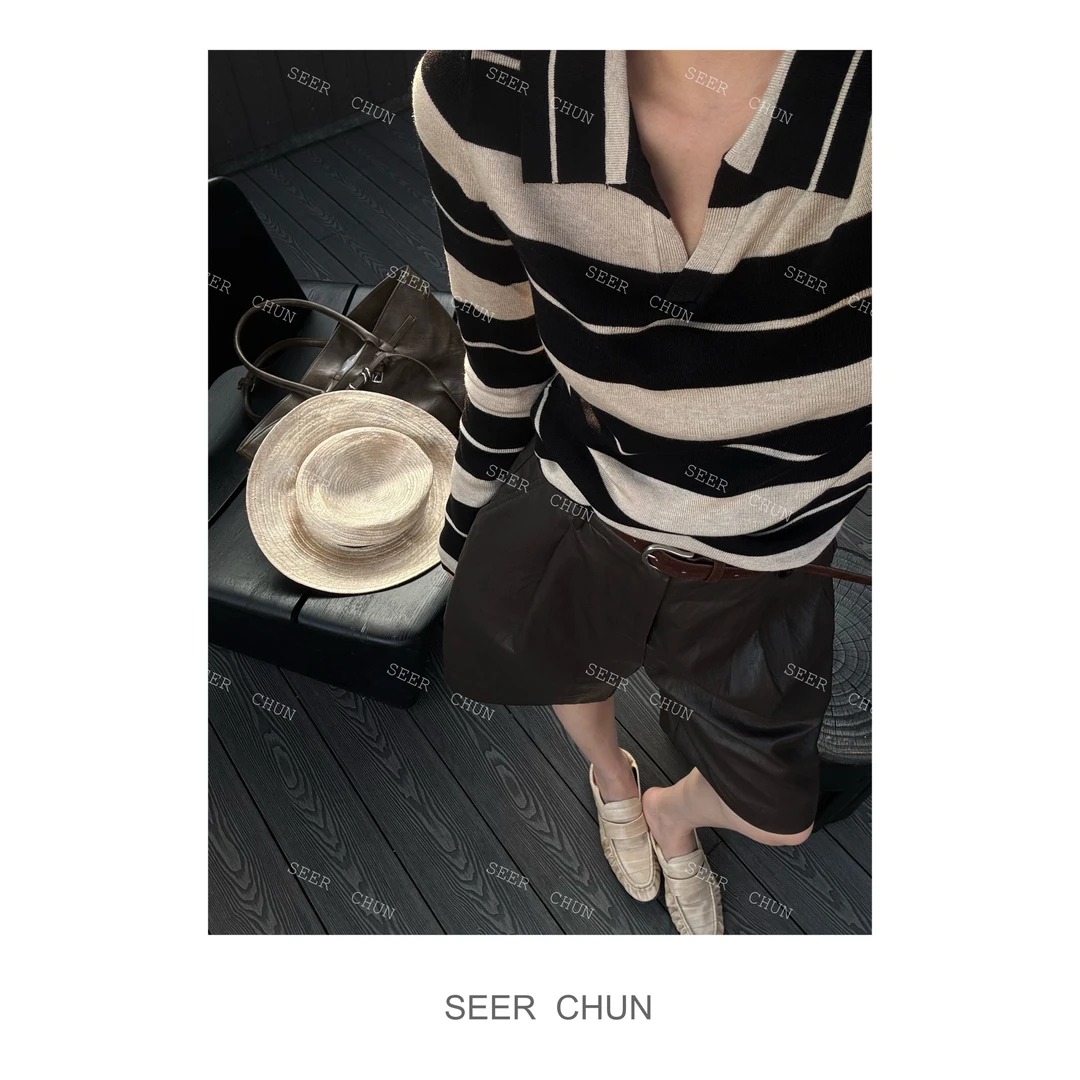 【纯纯女装】SEER CHUN高品质极简翻领条纹羊绒衫 52503